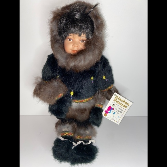 Alaskan Friends Other - Alaskan Friends Genuine Porcelain Doll 12 “ Tall with Black Brown Fur Outfit.